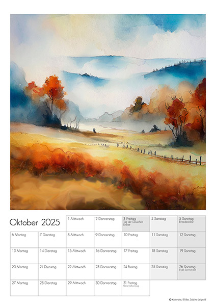 Kunstkalender 2025, Sabine Leipold, Bilder in Aquarell